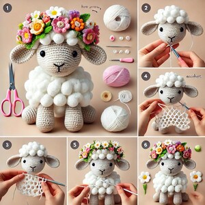 May include: A step-by-step guide on how to crochet a white amigurumi lamb with a flower crown. The lamb is made with white yarn and has a light brown face. The flower crown is made with pink, yellow, and white yarn.