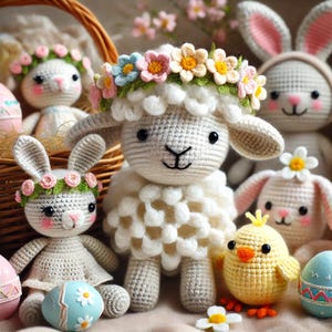 May include: A collection of crocheted Easter-themed toys, including a lamb wearing a flower crown, a bunny holding an egg, and a chick. The toys are arranged on a light brown surface.