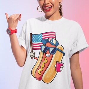 Camiseta divertida de Hot Dog USA, sudadera con capucha patriótica del 4 de julio, sudadera americana bonita, camiseta de barbacoa de verano, camiseta de comida kawaii, camiseta de fiesta de taza roja