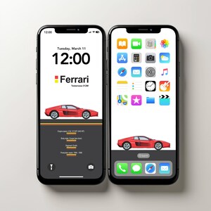 May include: Two black smartphones displaying a red Ferrari Testarossa 512M. One phone shows the car's specs, including engine and production years. The other phone shows app icons and a car image.