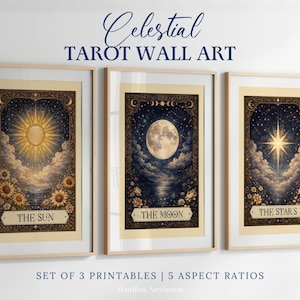 Celestial Tarot Art Prints | Vintage Sun Moon Stars Digital Download | Witchy Wall Art | Mystical Printable | Tarot Lover Gift