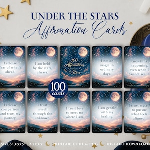 Può includere: Un set di 100 carte di affermazione intitolato "Under the Stars". Ogni carta presenta un design celeste con una luna e stelle, e un'affermazione positiva. Le carte misurano 8,89 x 12,7 cm e 6,35 x 8,89 cm.