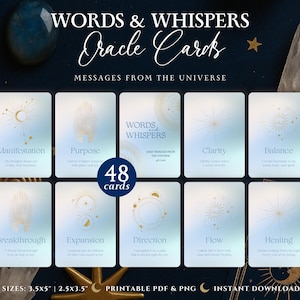 May include: A deck of "Words & Whispers Oracle Cards" with 48 cards, featuring messages from the universe. Each card has a light blue background with gold illustrations and text. The card sizes are 3.5x5 inches and 2.5x3.5 inches.