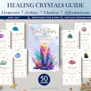 Tarjetas de Cristal Imprimibles, Guía de Cristales Curativos, Baraja de Cartas del Oráculo, Tarjetas de Afirmaciones Místicas, Gemas de Energía de los Chakras, Diarios Espirituales