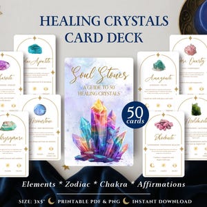 Puede incluir: Una baraja de cartas titulada "Healing Crystals Card Deck" con 50 cartas. Las cartas presentan ilustraciones de cristales e incluyen información sobre elementos, signos del zodiaco, chakras y afirmaciones. La tarjeta central dice "Soul Stones: A Guide to 50 Healing Crystals."