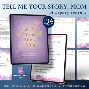 Könnte beinhalten: Digitales Vermächtnis-Journal "Tell Me Your Story, Mom" mit lila Cover und Schmetterlingsakzenten. Das Journal hat 134 Seiten und ist in den Größen Letter, A4 und A5 erhältlich. Druckbares PDF und PNG mit sofortigem Download.