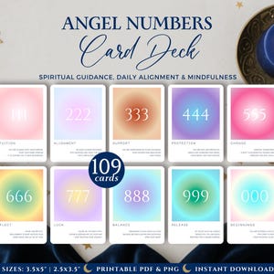 Puede incluir: Una baraja de cartas titulada "Angel Numbers Card Deck" con 109 cartas. Cada carta presenta un número y una palabra correspondiente, como "Intuición" y "Alineación". Las cartas tienen un fondo degradado. La baraja es para la guía espiritual, la alineación diaria y la atención plena.