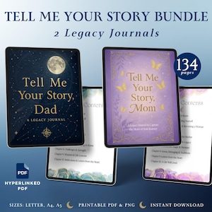 Puede incluir: Un paquete digital de dos diarios de legado, "Tell Me Your Story, Dad" y "Tell Me Your Story, Mom." Los diarios presentan diseños celestiales y florales, con 134 páginas. Disponible en tamaños Carta, A4 y A5 como PDF y PNG imprimibles.