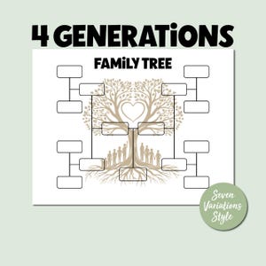 May include: Printable family tree template with a brown tree silhouette and the text "4 Generations Family Tree" at the top. The tree has a heart shape in the center and branches with blank spaces for names.