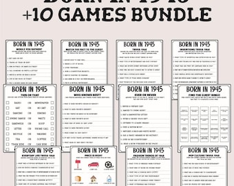May include: A set of ten printable game cards for a 1945-themed party. Each card features a different game, such as "Would You Rather?", "Match the Fact to the Guest", "Trivia 1945", "Inventions Trivia 1945", "This or That", "Who Knows Best?", "Ever or Never", "Find the Guest Bingo", "Everyday Life Trivia 1945", "Price is Right", "Fashion Trends of 1945", and "Pop Culture Trivia 1945".