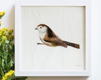 Schwanzmeise | Wildtiere Aquarell Gemälde | Originalkunstwerk | Perfektes Geschenk für Vogel- und Tierliebhaber | Gärtner Geschenk | 6" im Quadrat