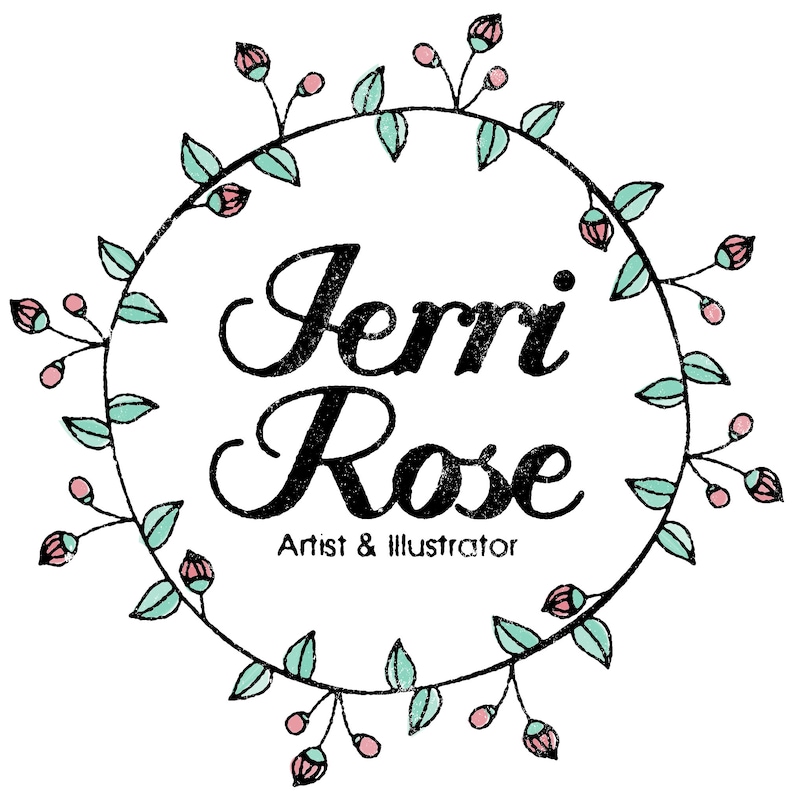 The logo of the artist and illustrator Jerri Rose. The name Jerri Rose is centred and printed in a lino style sarif font. The name is surrounded by a circle of pale green leaves and small pale pink rose buds.