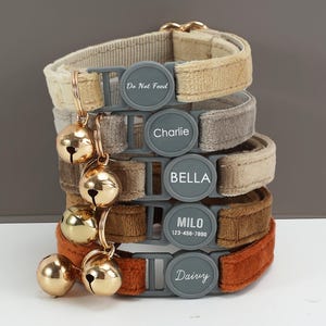 May include: A selection of cat collars in shades of beige, grey, brown, and orange. Each collar features a grey buckle with a name or text, and a gold bell. The text on the collars reads "Do Not Feed", "Charlie", "BELLA", "MILO", and "Dairy".