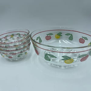 Vintage Italian Fruit Print Glass Bowl Set – 1 Large & 4 Small Bowls – Marked Italy