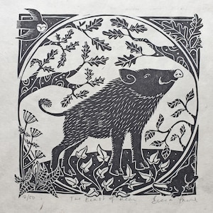 LAST FEW! The Beast of Dean Original Linocut Print on handmade lokta paper | Forest of Dean legend wild boar folk art illustration