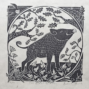 Becca Thorne's Beast of Dean linocut print. The print is a square shape split into a central circle framed by four outer triangles. In the centre a proud wild boar stands among oak and ivy. The triangles contain an owl, badger and forest plants.