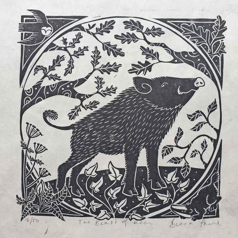 Becca Thorne's Beast of Dean linocut print. The print is a square shape split into a central circle framed by four outer triangles. In the centre a proud wild boar stands among oak and ivy. The triangles contain an owl, badger and forest plants.