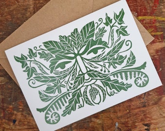 Green Man woodwose foliate face greetings card  7x5"