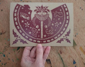 Holly King recycled brown greeting card and tree topper. Father Christmas, Ghost of Christmas Present 7x5"