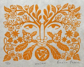 Eostre Original Linocut Print on handmade lokta paper | Celtic pagan goddess Gaiia Mother Nature folklore legend