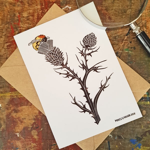 Moss Carder Bumblebee linocut greeting card. 7x5” recycled. Bumblebee Conservation Trust charity