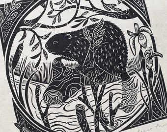 The Beast of Dean III Original Linocut Print on handmade lokta paper | Forest of Dean legend folk art beaver illustration