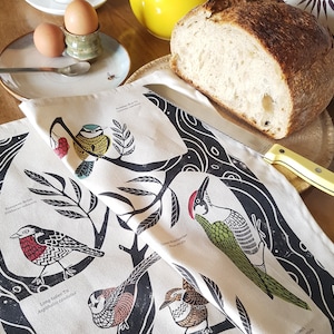 Garden Birds of the British Isles 100% GOTS certified cotton tea towel | linocut illustration