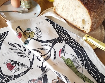 Garden Birds of the British Isles 100% GOTS certified cotton tea towel | linocut illustration PRE-ORDER