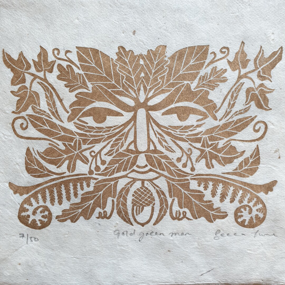 Gold Green Man Original Linocut Print on Handmade Lokta Paper | Celtic ...