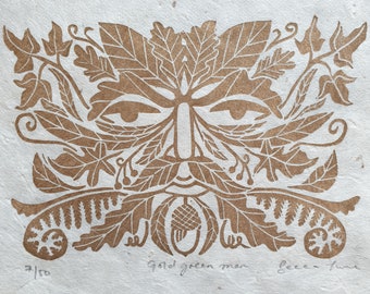 Gold Green Man Original Linocut Print on handmade lokta paper | Celtic pagan folklore legend