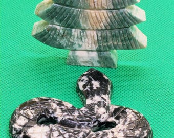 Hand Carved Jasper Snake & Tree Decor, Natural Stone