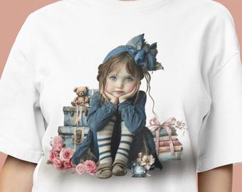 Vintage Doll Girl Graphic T-Shirt, Retro Victorian Illustration