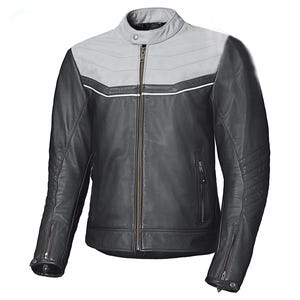 Blouson de moto en cuir noir et gris, Blouson de vélo en cuir avec protections CE