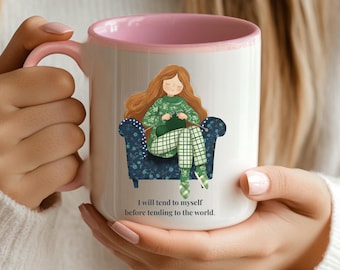Self Care Accent Mug | I Will Tend to Myself | Mindfulness Coffee Mug | Cozy Encouragement Gift | Mental Health Mug
