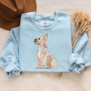 パッチワークフレンチブルドッグスウェットシャツ、コテージコア犬好きクルーネック、キルティング子犬アパレル