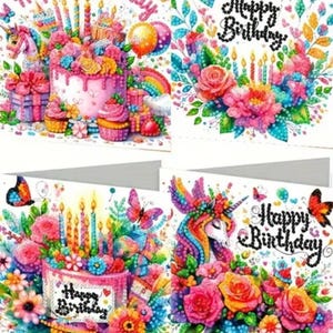 6 pack Happy Birthday Card, Diamond painting.