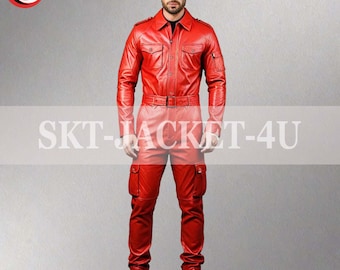 Red Lambskin Leather Jumpsuit: Men's Bodysuit with Cargo Pockets