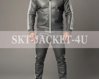 Men's 100% Genuine Real Soft Leather Track Suit Sweat suit Gray White Stripes