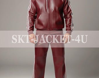 Tuta da uomo in pelle bordeaux con cappuccio e pantaloni larghi a righe bianche
