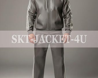 Tuta da uomo in pelle grigia con cappuccio e pantaloni larghi a righe bianche