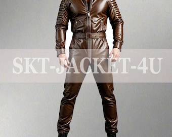 Men's Lambskin Leather Jumpsuit: Brown Bodysuit with Belt