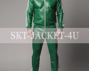 Tuta da uomo in vera pelle morbida al 100%, a righe verdi e bianche