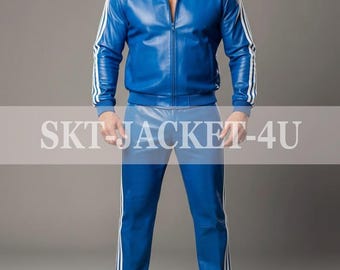 Men's 100% Genuine Real Soft Leather Track Suit Sweat Suit Blue White Stripes