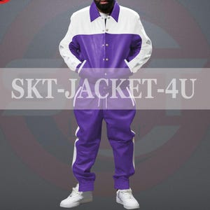 Men's Genuine Leather Tracksuit: Purple & White Brayden Sweatsuit