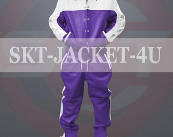Men's Genuine Leather Tracksuit: Purple & White Brayden Sweatsuit