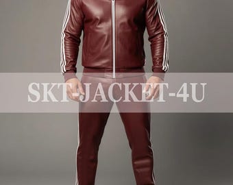 Chándal de piel auténtica 100 % suave para hombre, color burdeos y rayas blancas.