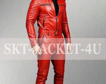 Red Lambskin Leather Jumpsuit: Men's Front Zipper Bodysuit with Belt