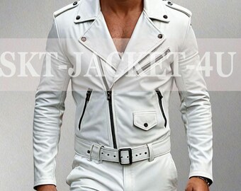 Men's White Cowhide Leather Jumpsuit: Full Sleeve Bodysuit with Zipper
