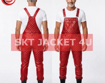 Mono de trabajo de piel de cordero auténtica roja para hombre, estilo motero, acolchado.