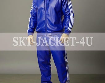 Chándal de cuero azul rey para hombre, sudadera con capucha y rayas blancas, pantalones holgados